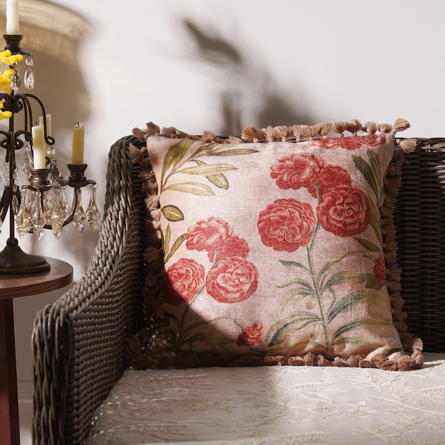 Beige and Red Jolies Fleur Cushion Cover - Main Image