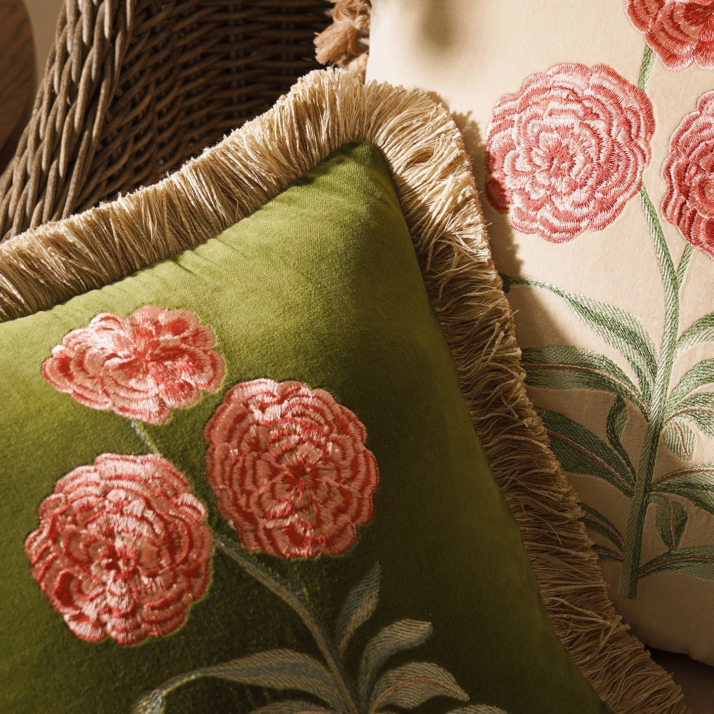Green Rose Embroidered Cushion Cover