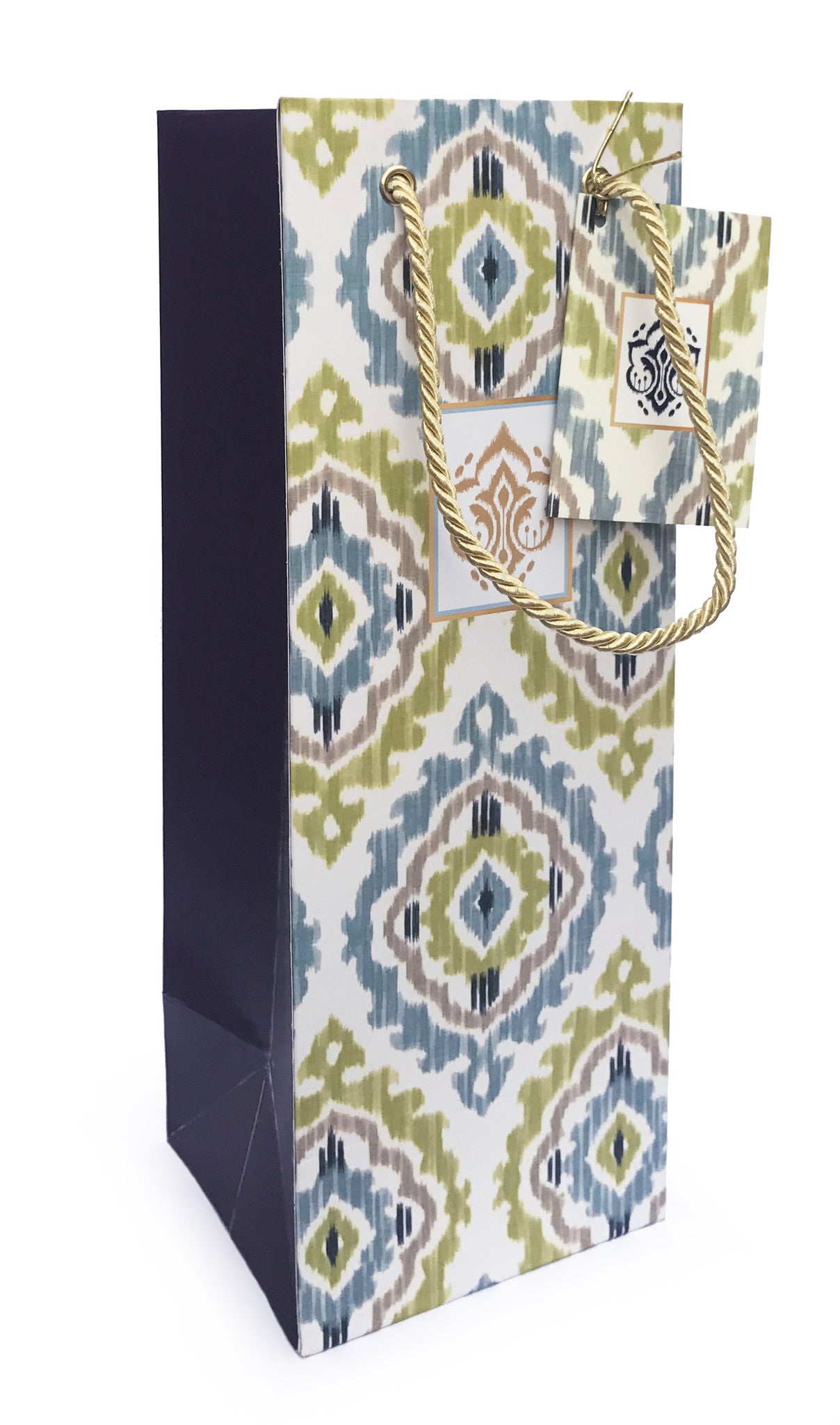 Load image into Gallery viewer, French Blue &amp;amp; Olive Ikat Wine Bag
