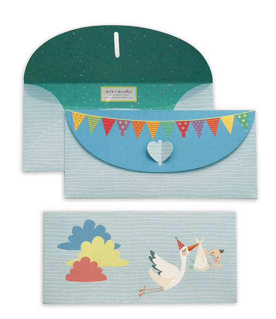 Stork with baby blue 10 Gift Envelopes
