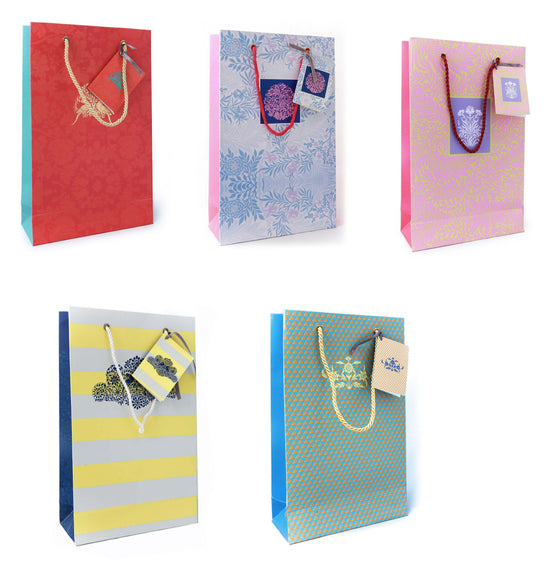Assorted gift bags with personalised tags. Pack of 10